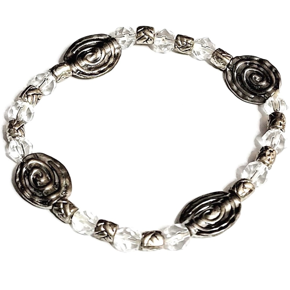 Vintage Handcrafted Heavy Silver Metal & Clear Crystal Beaded Bracelet 7"